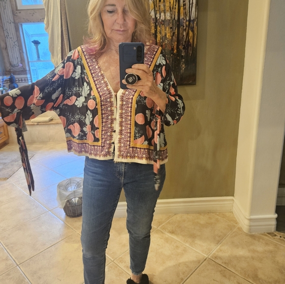 Free People Freshly Squeezed Grapefruit Tie-Sleeve Boxy Boho Blouse Top X-Small - Picture 2 of 8